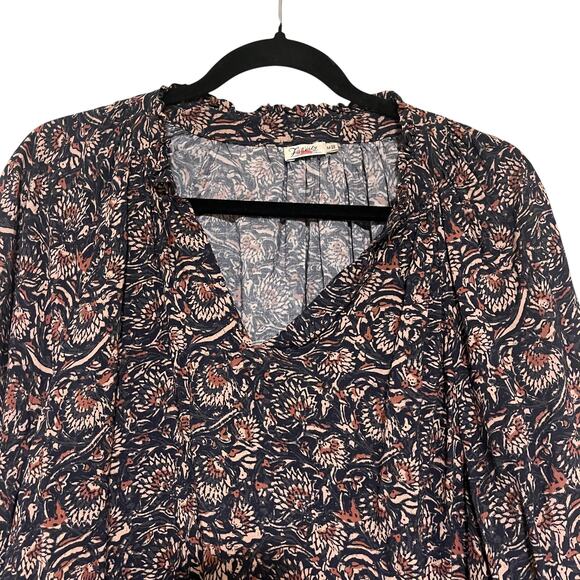 Faherty Portia Artisan Block Print 3/4 Sleeve Blouse Top Navy Tan Size M - Picture 3 of 8